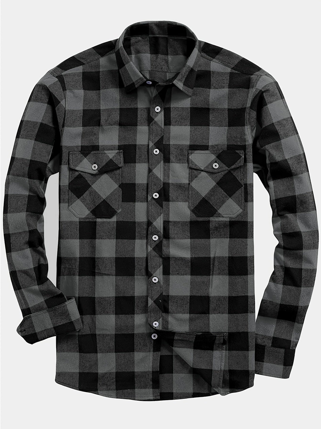 Men's Plaid Flannel Shirt with Double Chest Pockets - Casual - Grey