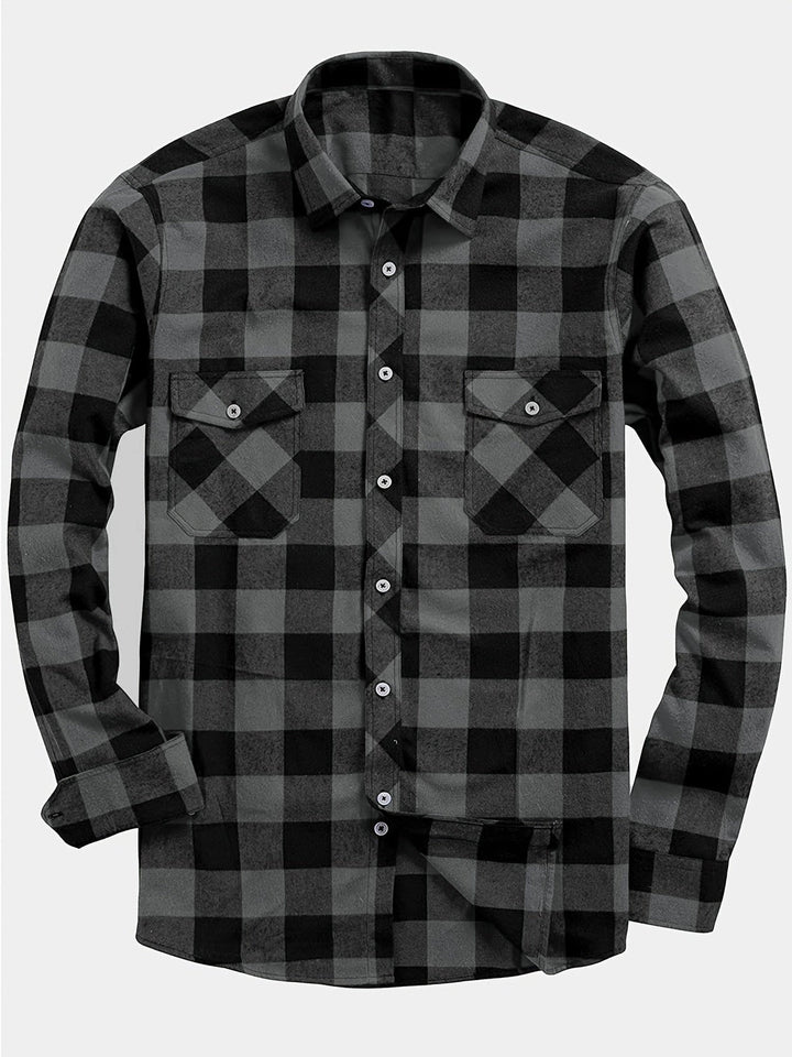 Men's Plaid Flannel Shirt with Double Chest Pockets - Casual - Grey