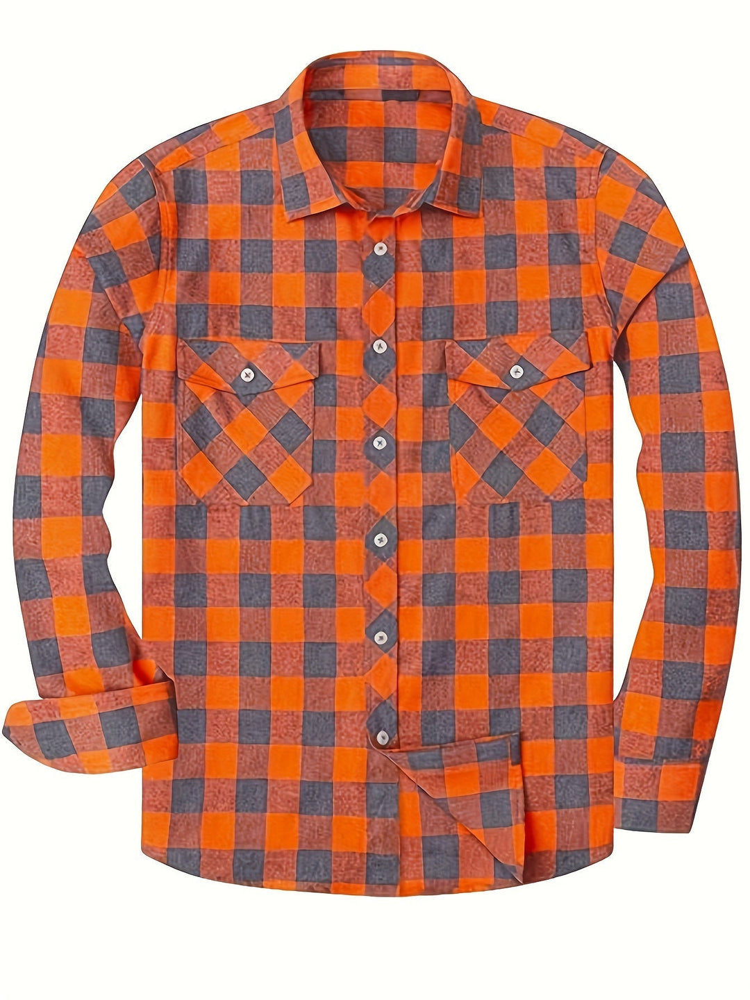 Men's Plaid Flannel Shirt with Double Chest Pockets - Casual - Orange