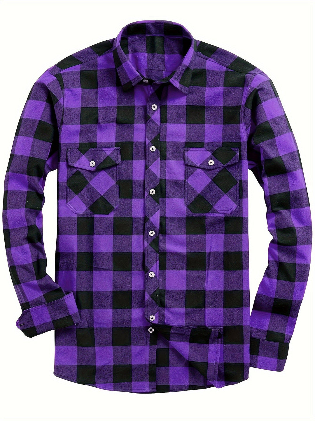 Men's Plaid Flannel Shirt with Double Chest Pockets - Casual - Purple