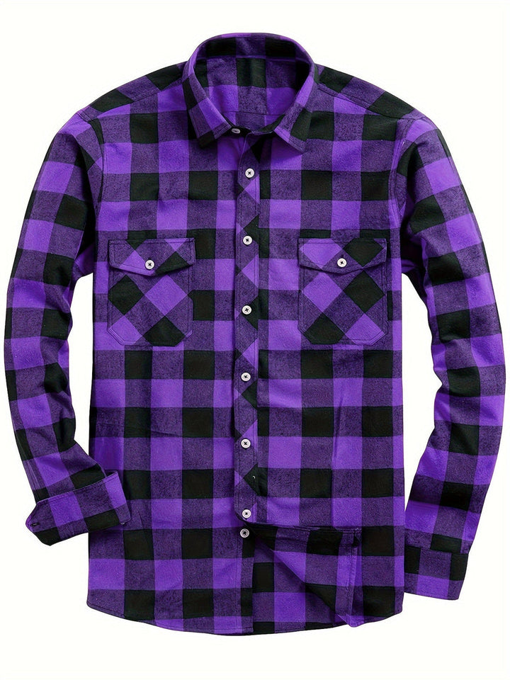 Men's Plaid Flannel Shirt with Double Chest Pockets - Casual - Purple