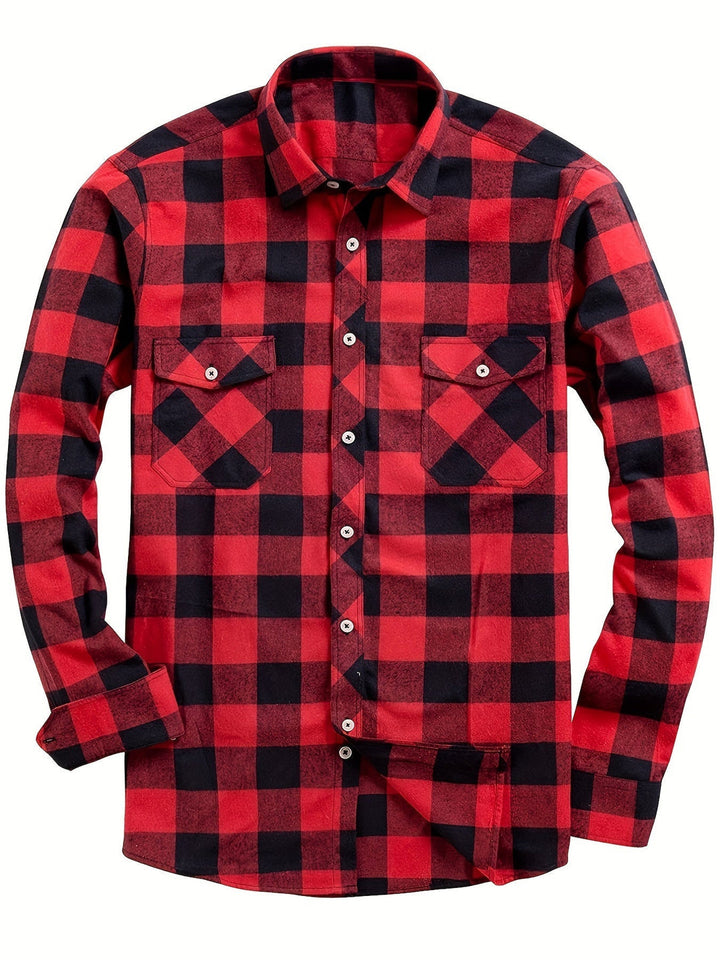 Men's Plaid Flannel Shirt with Double Chest Pockets - Casual - Red
