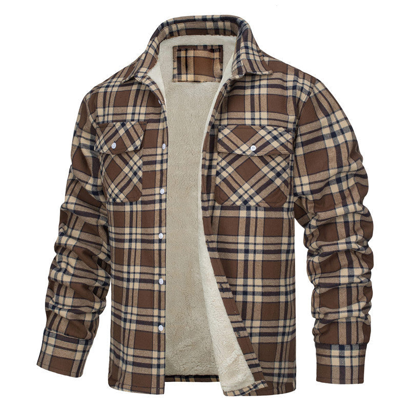 Men's Plaid Winter Jacket - Warm Quilted Lining - Khaki
