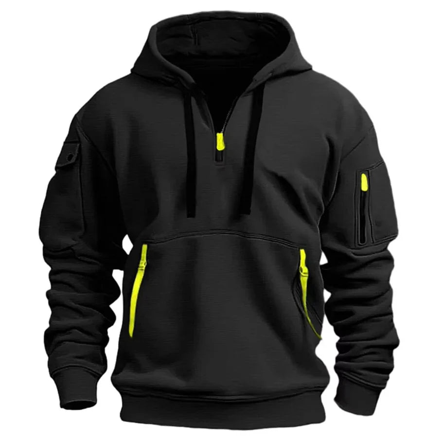 Men's Pullover Hoodie with Arm Pocket in black, Adjustable Collar