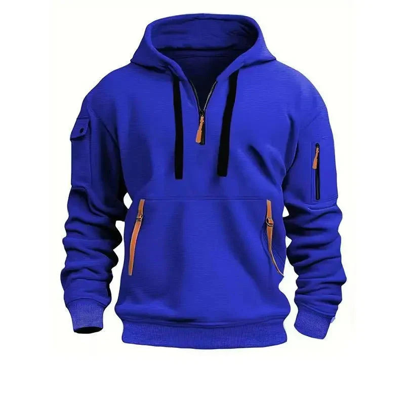 Men's Pullover Hoodie with Arm Pocket in blue, Adjustable Collar