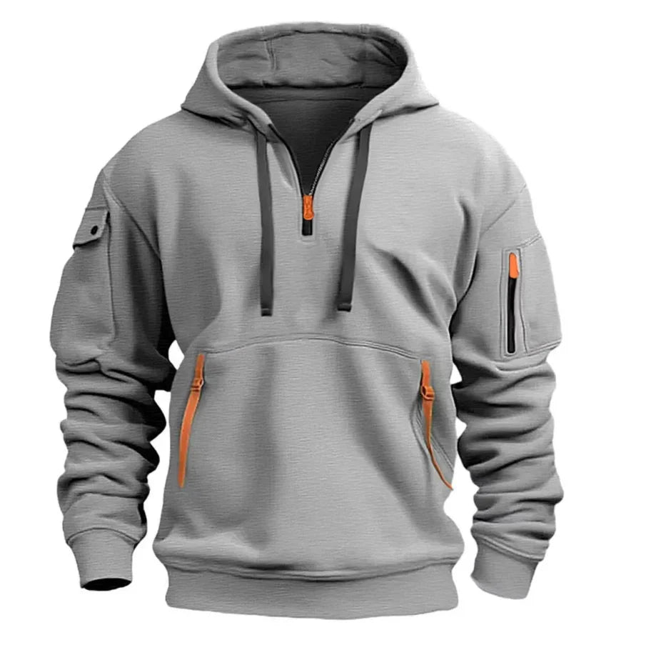 Men's Pullover Hoodie with Arm Pocket in grey, Adjustable Collar