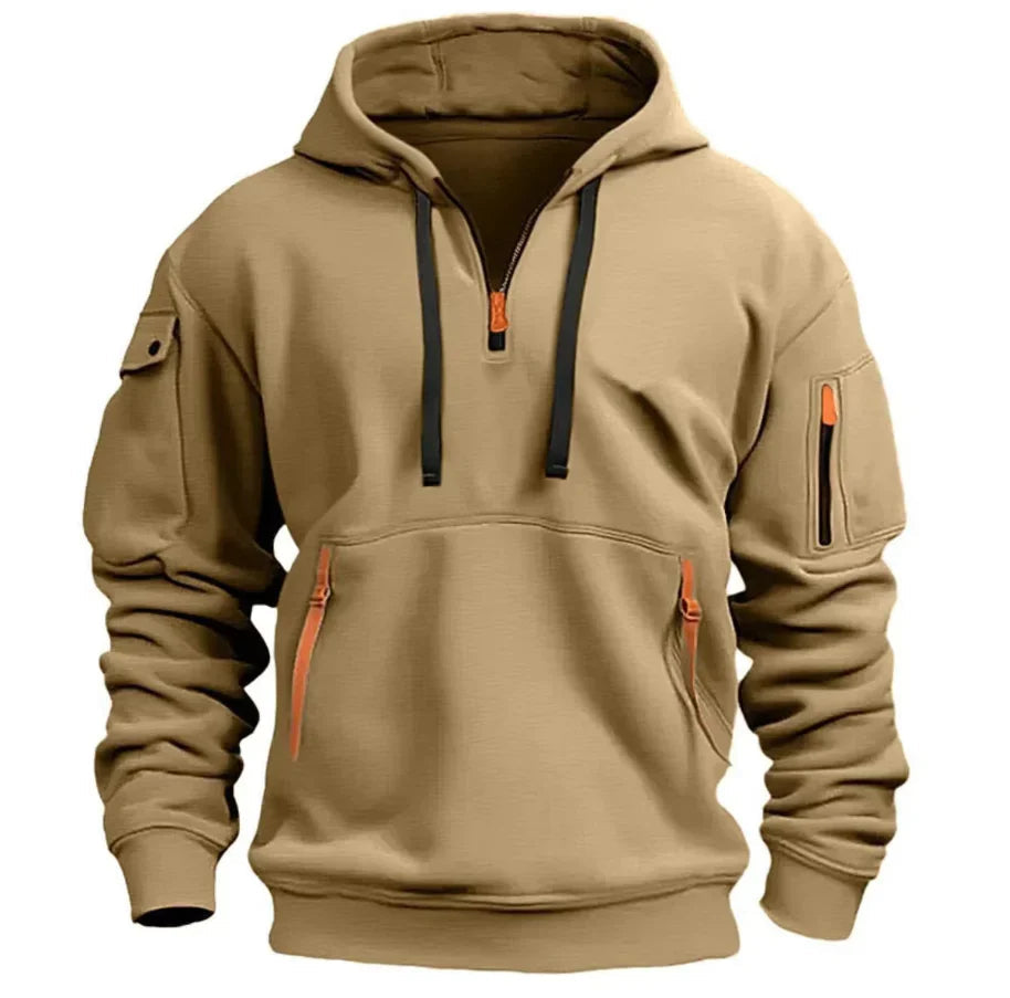 Men's Pullover Hoodie with Arm Pocket in khaki, Adjustable Collar