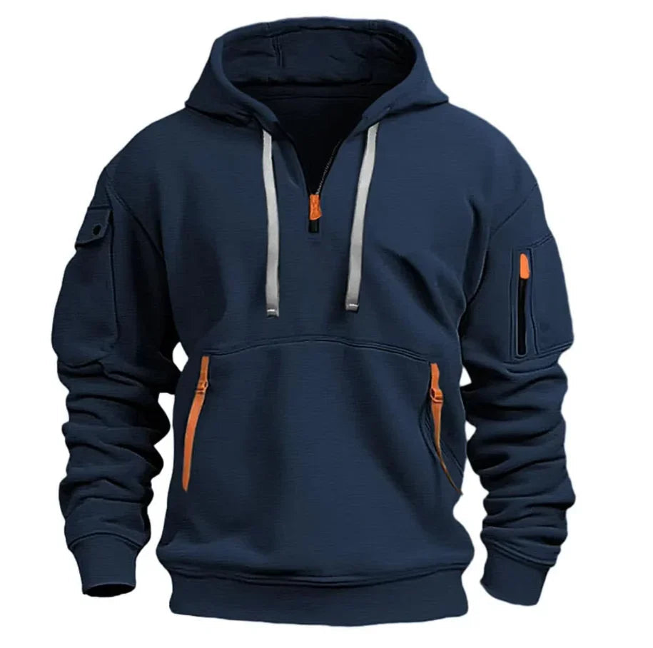 Men's Pullover Hoodie with Arm Pocket in navy, Adjustable Collar