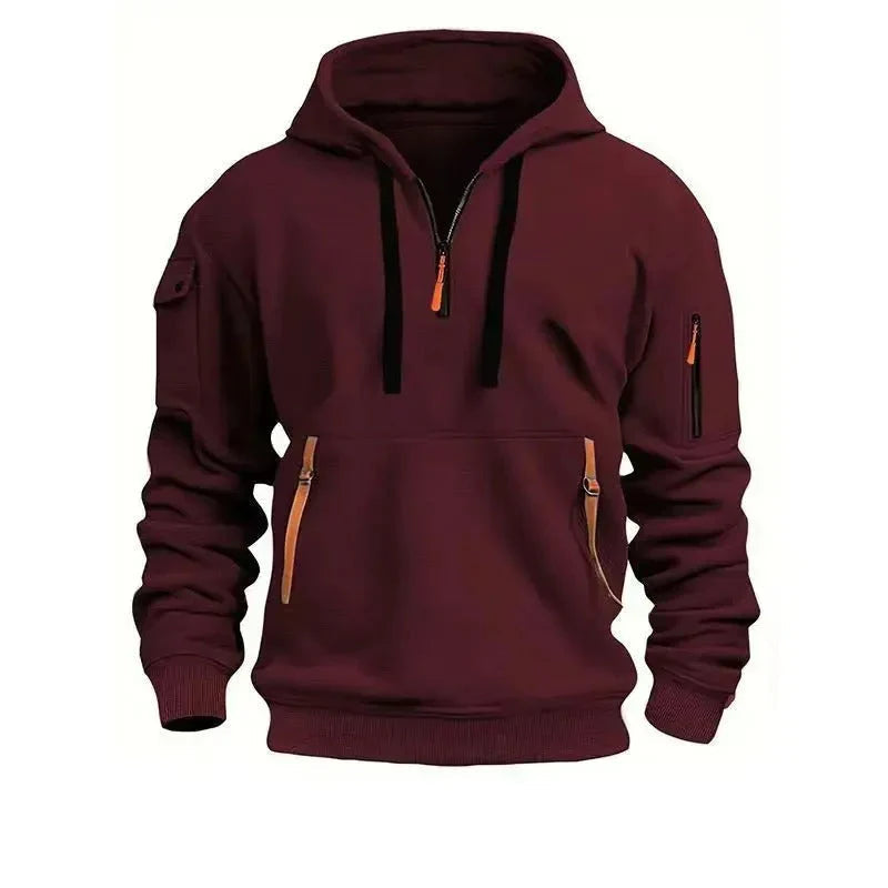 Men's Pullover Hoodie with Arm Pocket in red, Adjustable Collar