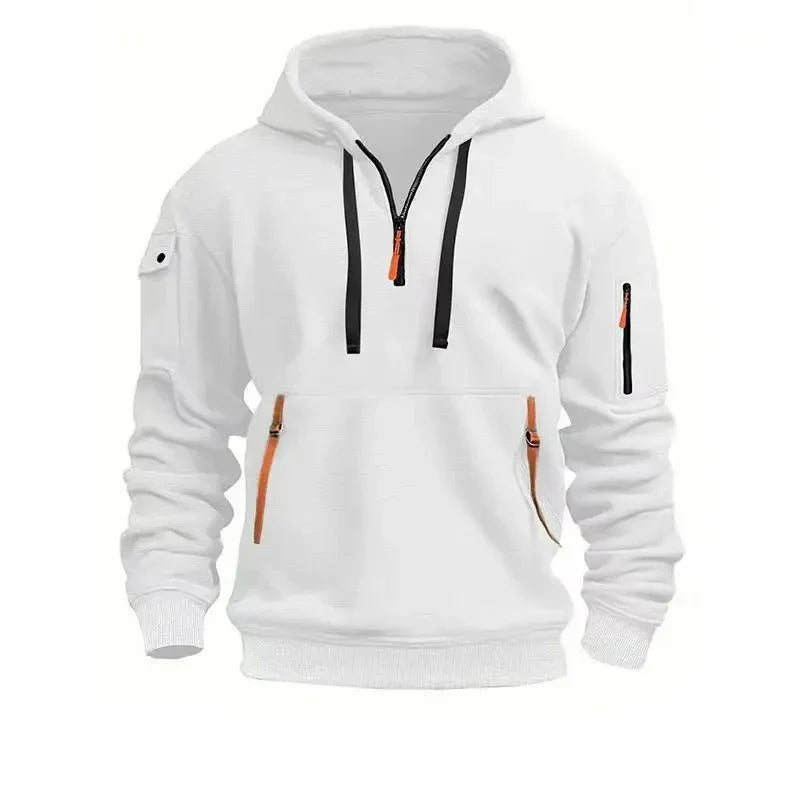 Men's Pullover Hoodie with Arm Pocket in white, Adjustable Collar