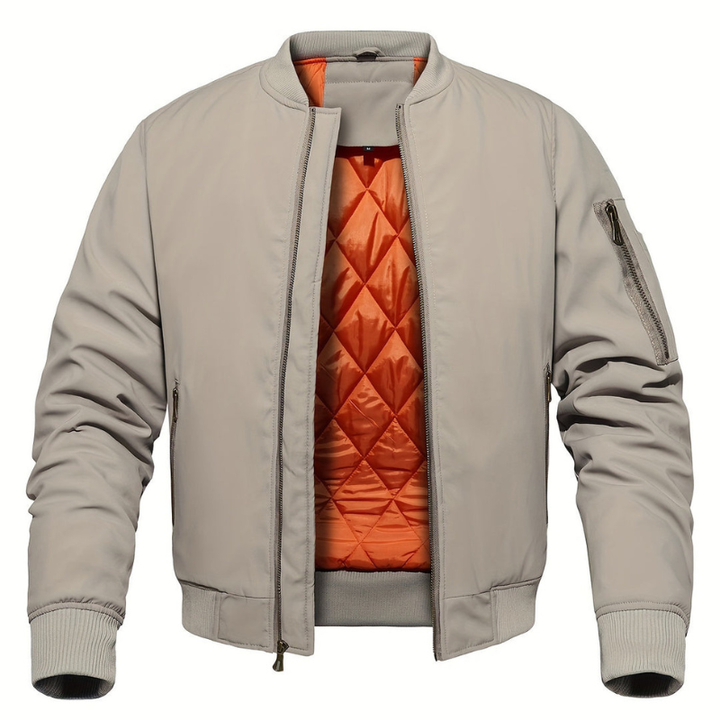 Men's Quilted Bomber Jacket - Classic Windbreaker with Stand Collar - Beige