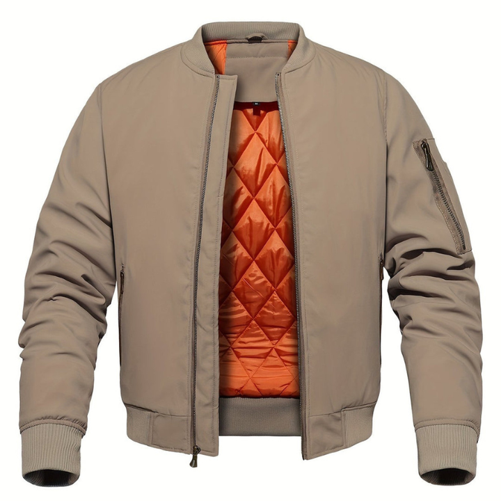 Men's Quilted Bomber Jacket - Classic Windbreaker with Stand Collar - Beige