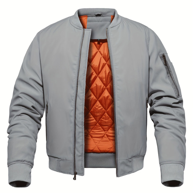 Men's Quilted Bomber Jacket - Classic Windbreaker with Stand Collar - Grey
