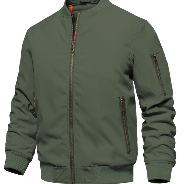 Men's Quilted Bomber Jacket - Classic Windbreaker with Stand Collar - Olive Green