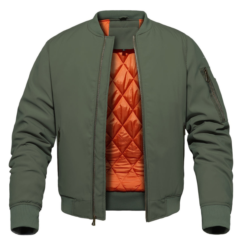 Men's Quilted Bomber Jacket - Classic Windbreaker with Stand Collar - Olive Green