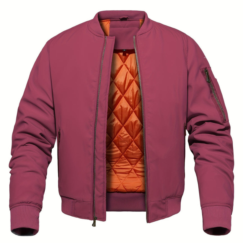 Men's Quilted Bomber Jacket - Classic Windbreaker with Stand Collar - Red