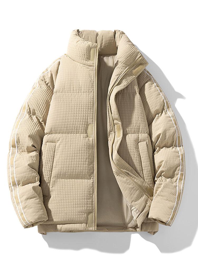 Men's Quilted Puffer Jacket with Stand Collar – Winter Warmth - Beige