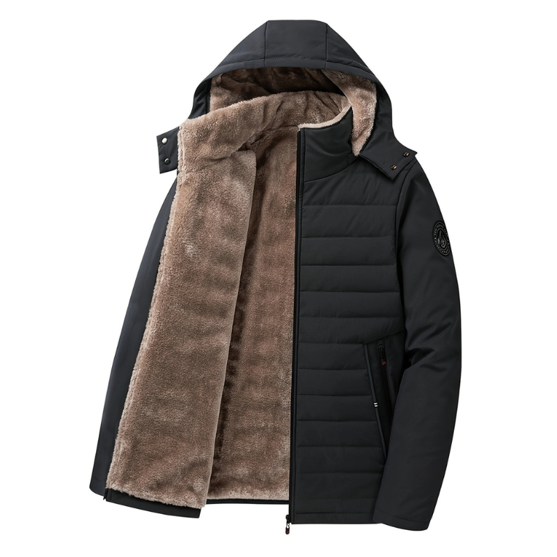 Men's Quilted Winter Jacket with Hood - Warm Puffer Coat - Black