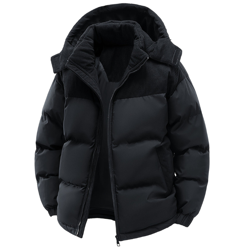 Men's Quilted Winter Jacket with Hood - Warm & Windproof - Black