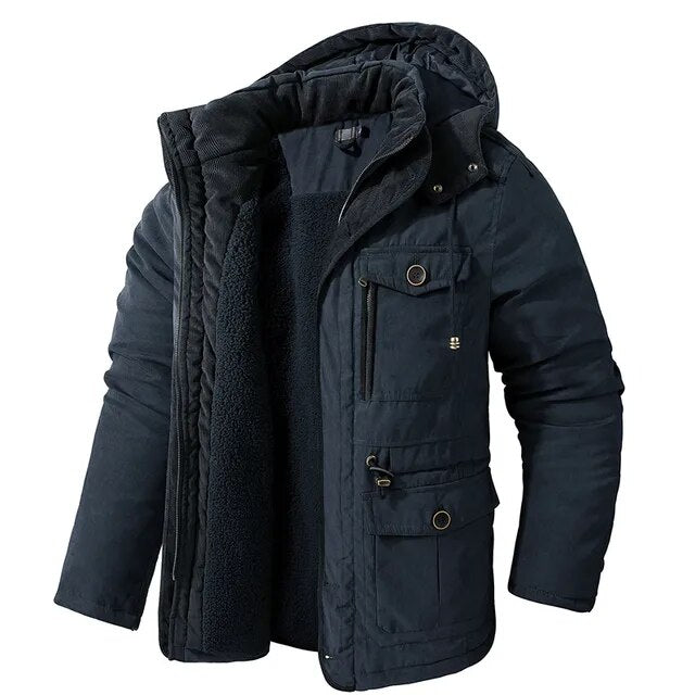 Men's Quilted Winter Parka Jacket - Warm Hooded Half-Length - Blue