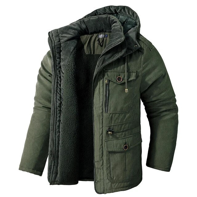 Men's Quilted Winter Parka Jacket - Warm Hooded Half-Length - Green