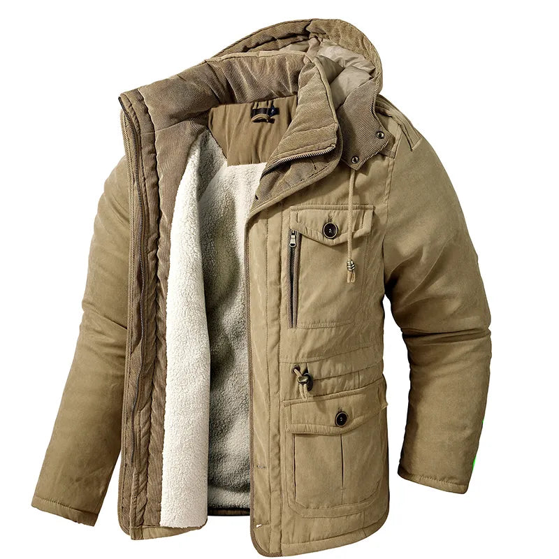 Men's Quilted Winter Parka Jacket - Warm Hooded Half-Length - Khaki