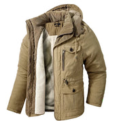 Men's Quilted Winter Parka Jacket - Warm Hooded Half-Length - Khaki