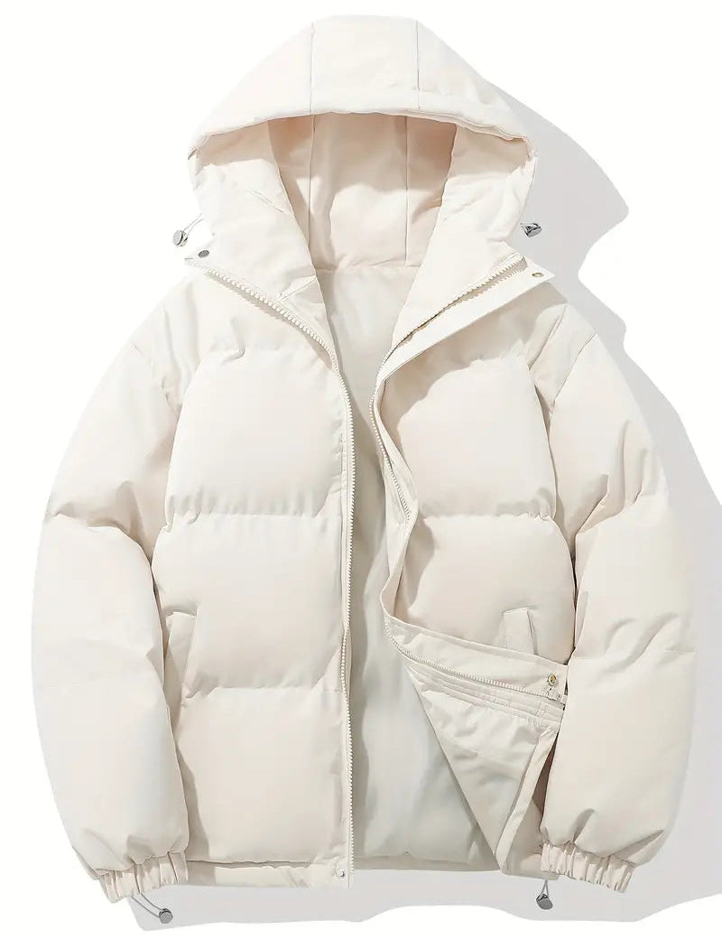 Men's Quilted Winter Puffer Jacket - Warm Hooded Coat - Beige
