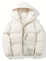 Men's Quilted Winter Puffer Jacket - Warm Hooded Coat - Beige