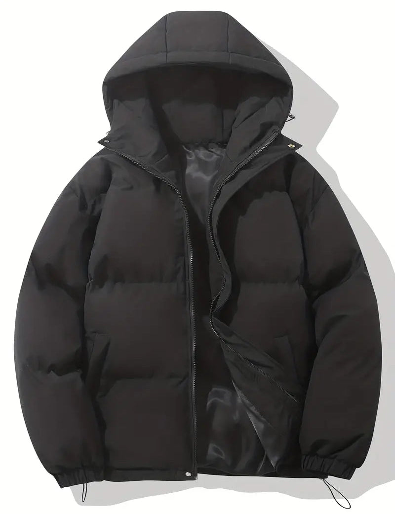 Men's Quilted Winter Puffer Jacket - Warm Hooded Coat - Black