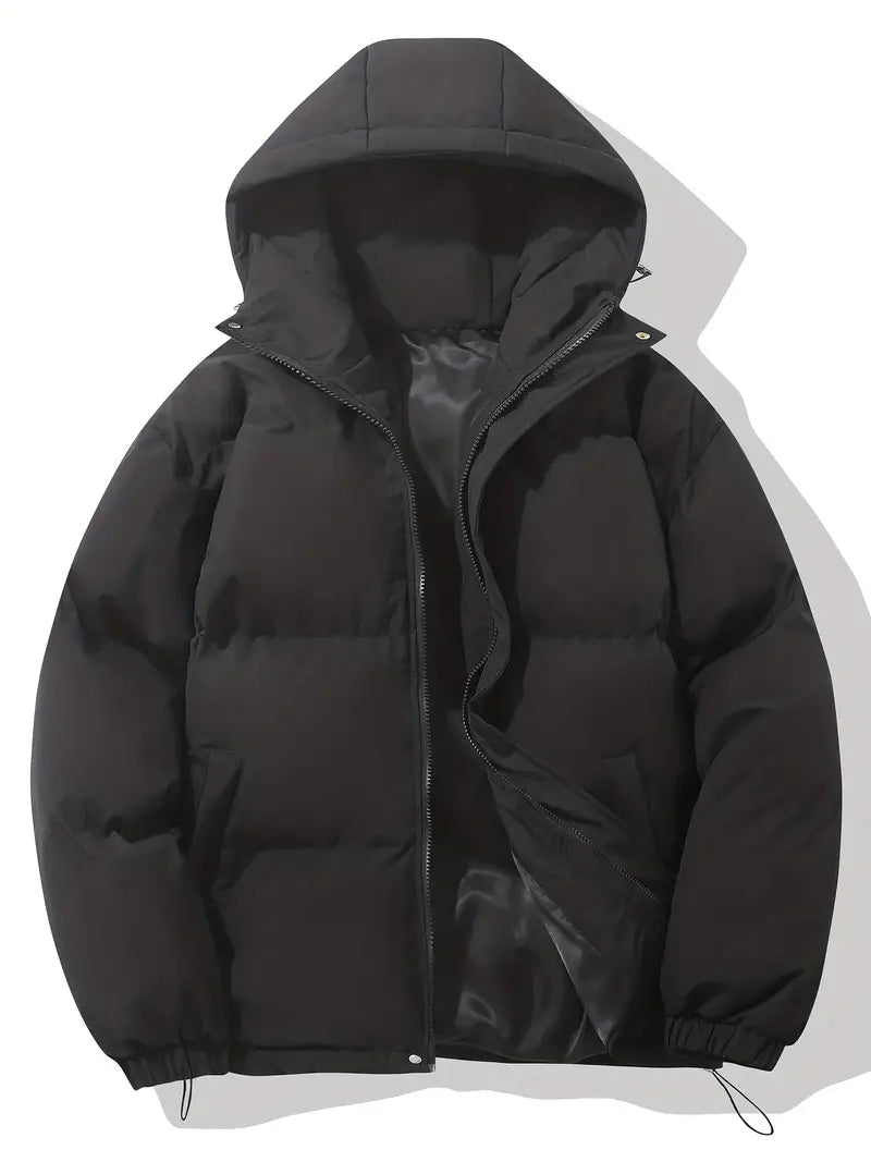 Men's Quilted Winter Puffer Jacket - Warm Hooded Coat - Black