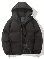 Men's Quilted Winter Puffer Jacket - Warm Hooded Coat - Black