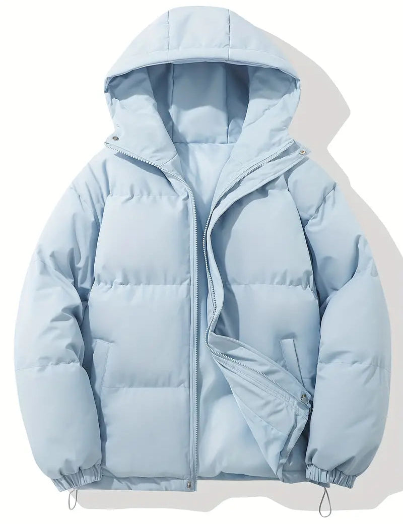 Men's Quilted Winter Puffer Jacket - Warm Hooded Coat - Blue