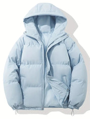 Men's Quilted Winter Puffer Jacket - Warm Hooded Coat - Blue