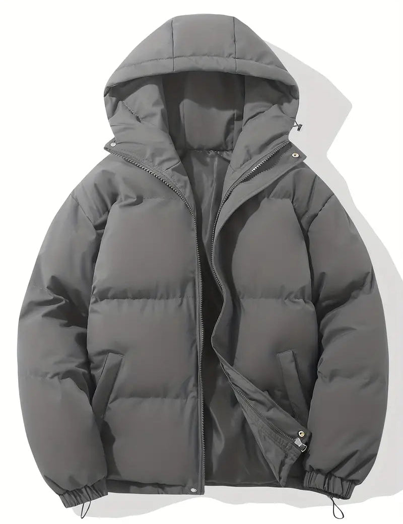 Men's Quilted Winter Puffer Jacket - Warm Hooded Coat - Dark Grey