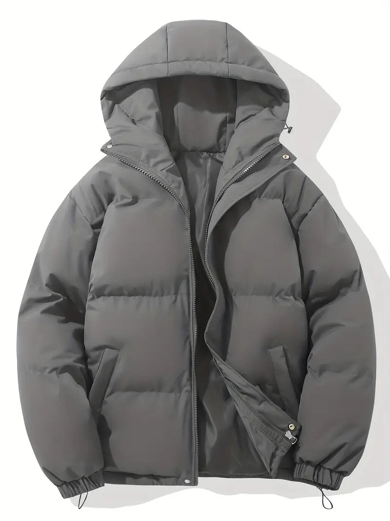 Men's Quilted Winter Puffer Jacket - Warm Hooded Coat - Dark Grey