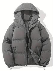 Men's Quilted Winter Puffer Jacket - Warm Hooded Coat - Dark Grey