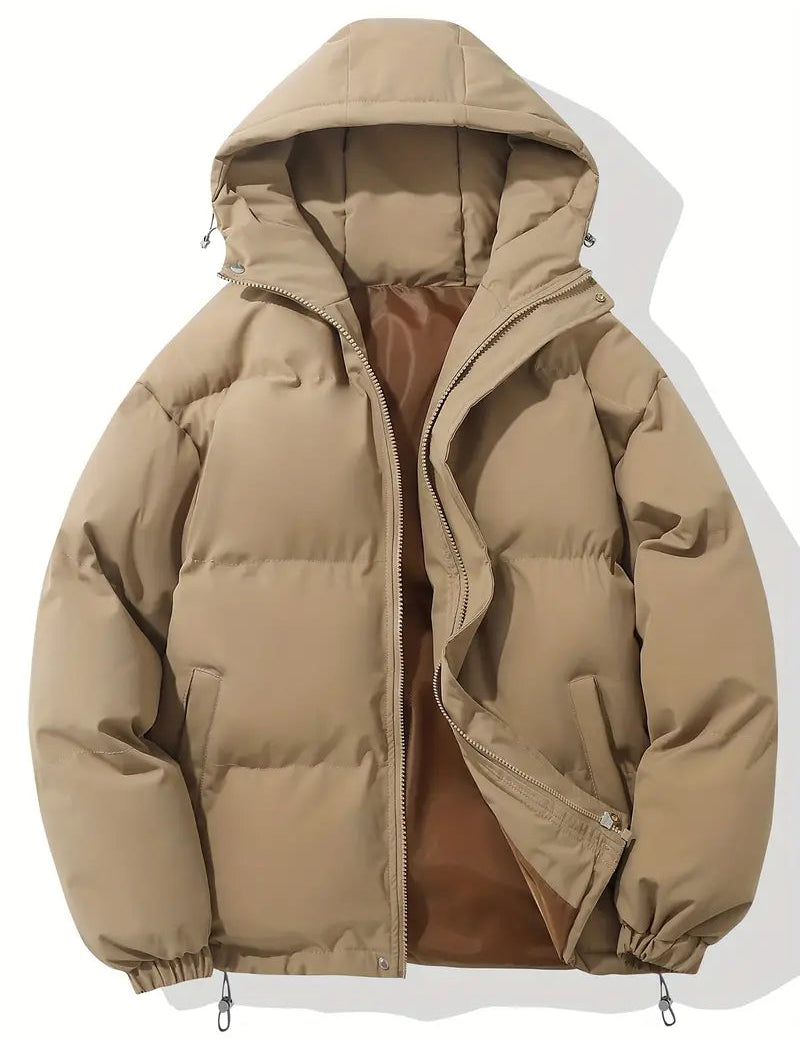 Men's Quilted Winter Puffer Jacket - Warm Hooded Coat - Khaki