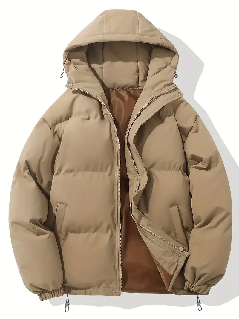 Men's Quilted Winter Puffer Jacket - Warm Hooded Coat - Khaki