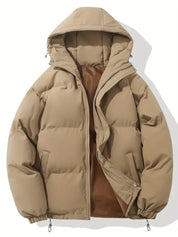 Men's Quilted Winter Puffer Jacket - Warm Hooded Coat - Khaki