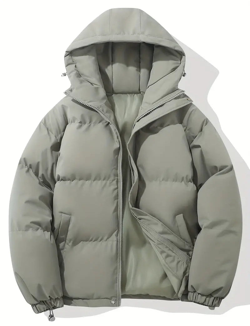 Men's Quilted Winter Puffer Jacket - Warm Hooded Coat - Light Green