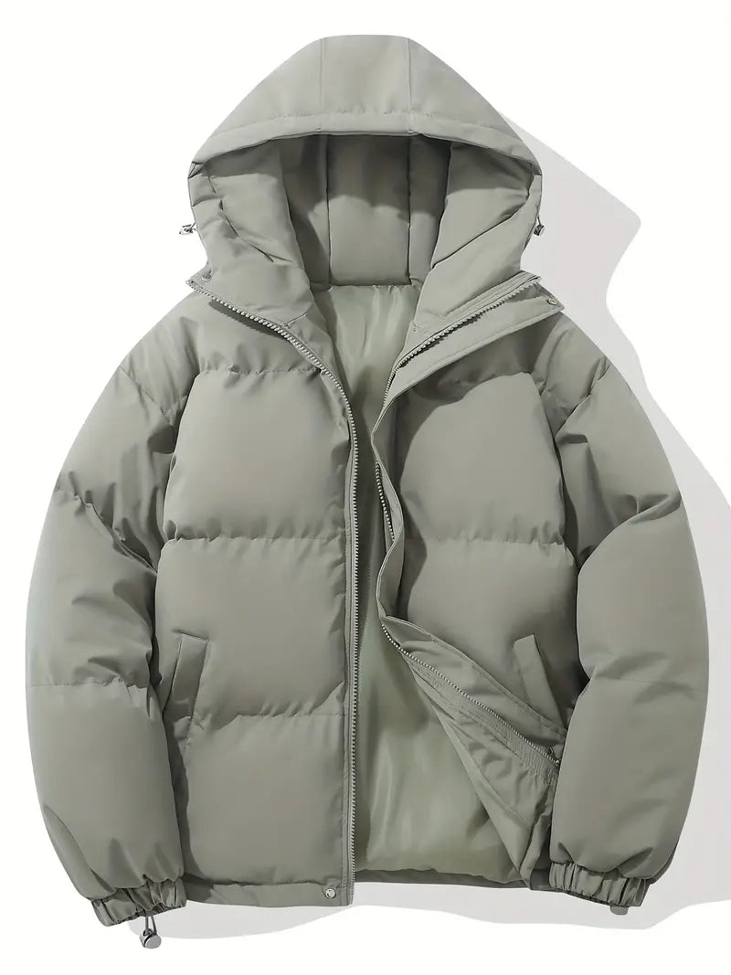 Men's Quilted Winter Puffer Jacket - Warm Hooded Coat - Light Green