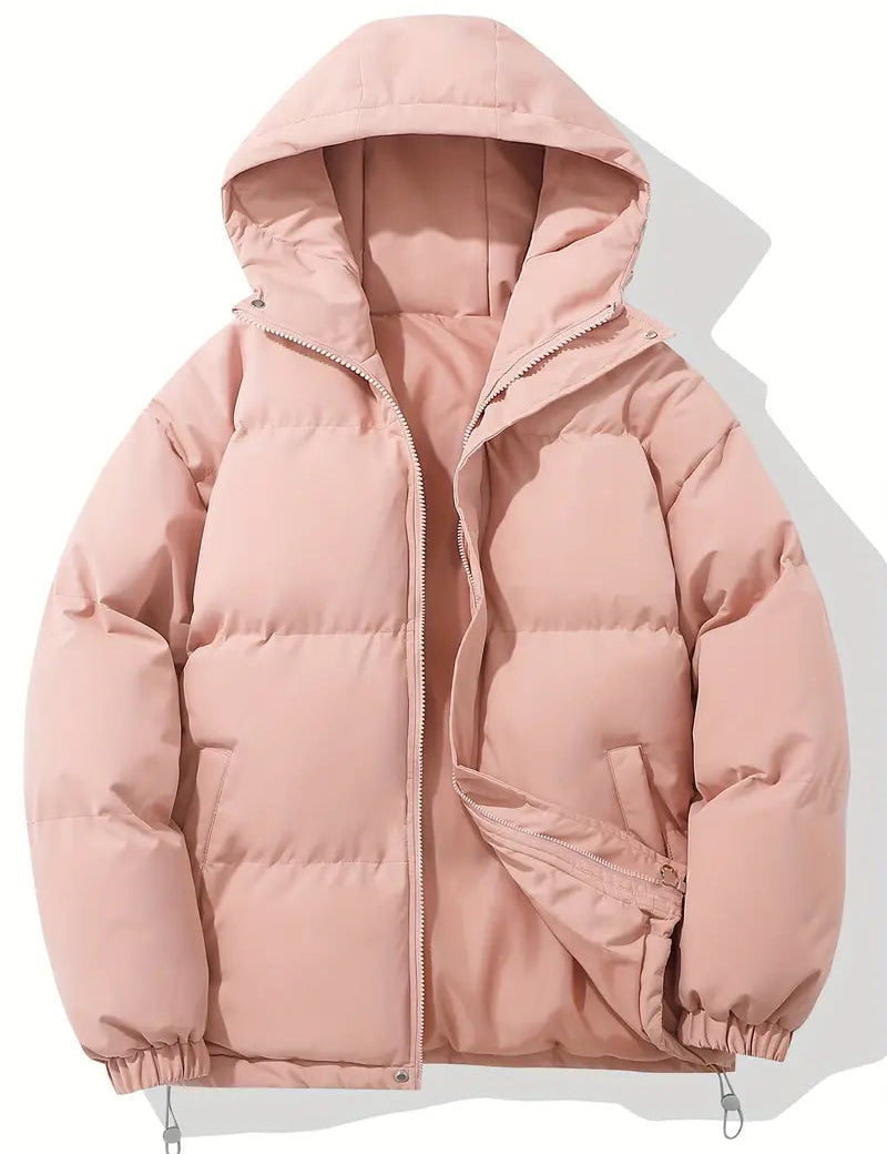 Men's Quilted Winter Puffer Jacket - Warm Hooded Coat - Pink