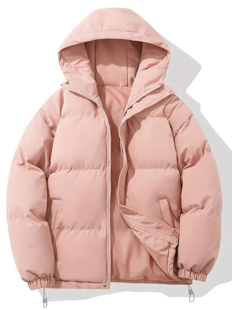 Men's Quilted Winter Puffer Jacket - Warm Hooded Coat - Pink