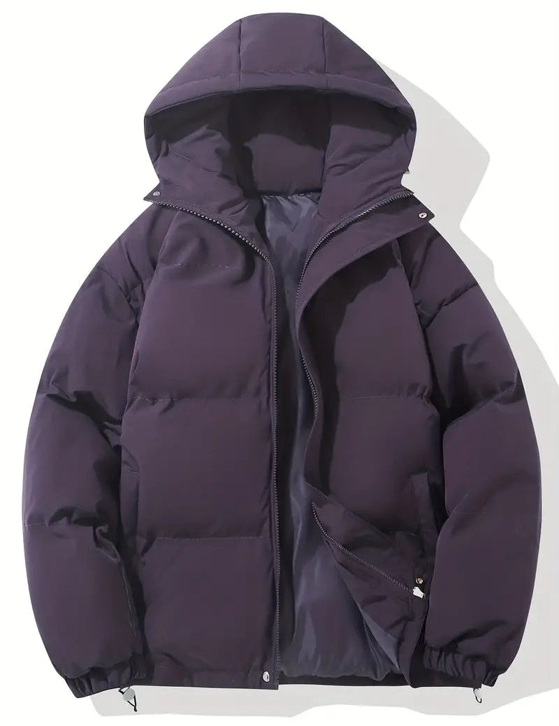 Men's Quilted Winter Puffer Jacket - Warm Hooded Coat - Purple