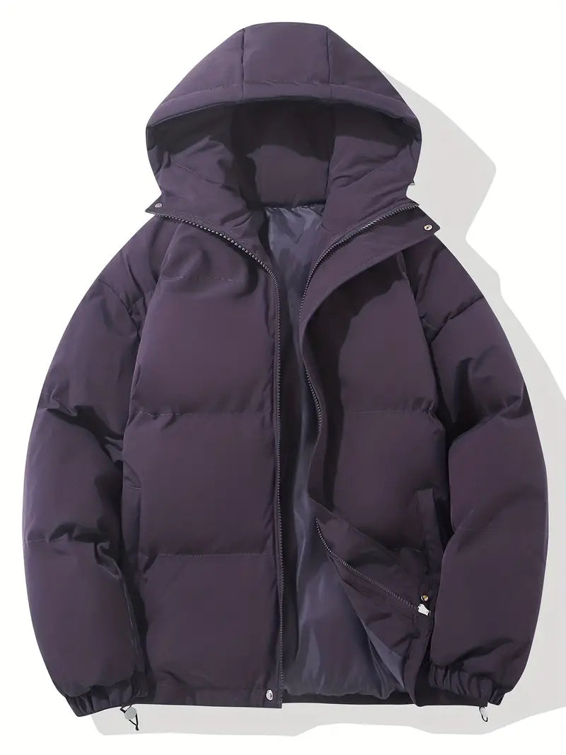 Men's Quilted Winter Puffer Jacket - Warm Hooded Coat - Purple