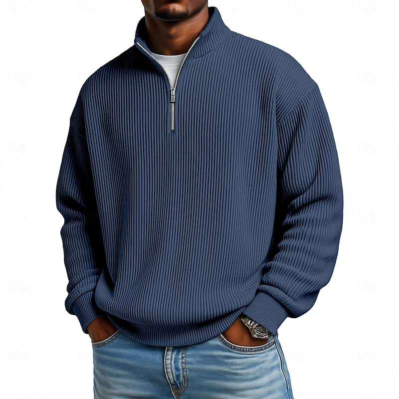 Men's Ribbed Quarter-Zip Pullover in dark blue, Relaxed Comfort Layer