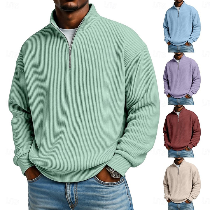 Men's Ribbed Quarter-Zip Pullover - Relaxed Comfort Layer