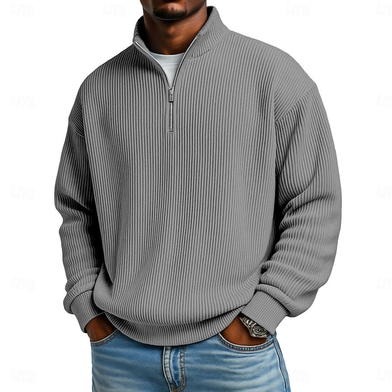 Men's Ribbed Quarter-Zip Pullover in gray, Relaxed Comfort Layer