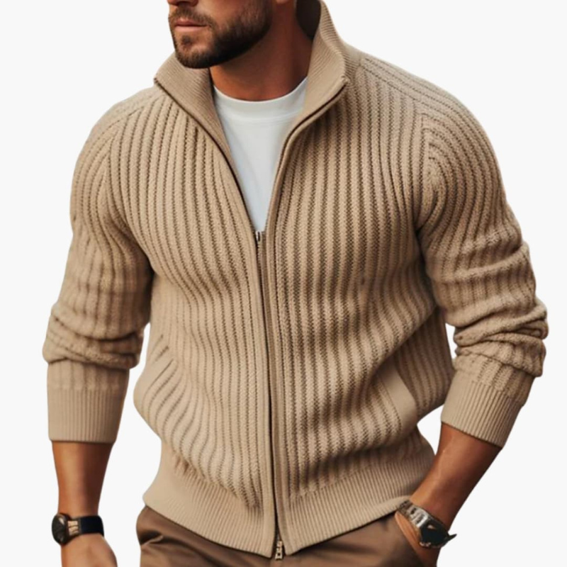 Men's Ribbed Zip Sweater - Regular Fit Crew Neck - Beige